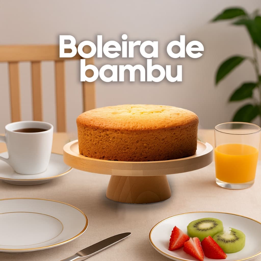 Prato para Bolo com Pé 20cm Bambu Suporte para Panetone Tortas e Sobremesas Elegante Boleira