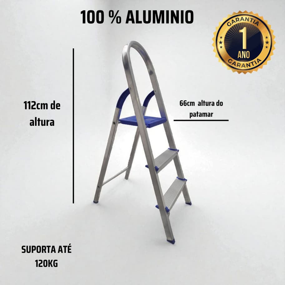 Escada  Pequena Aluminio 03 Degraus Residencial Azul