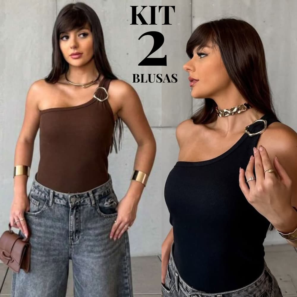 Blusa Feminina Elegante Ombro Só Ribana Canelada Assimétrica Mula Manca Fivela