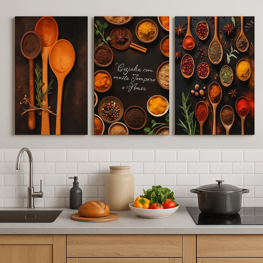 Quadro Decorativo Cozinha Temperos Conjunto Com 3 Peças MDF Cozinha Temperada Com Amor
