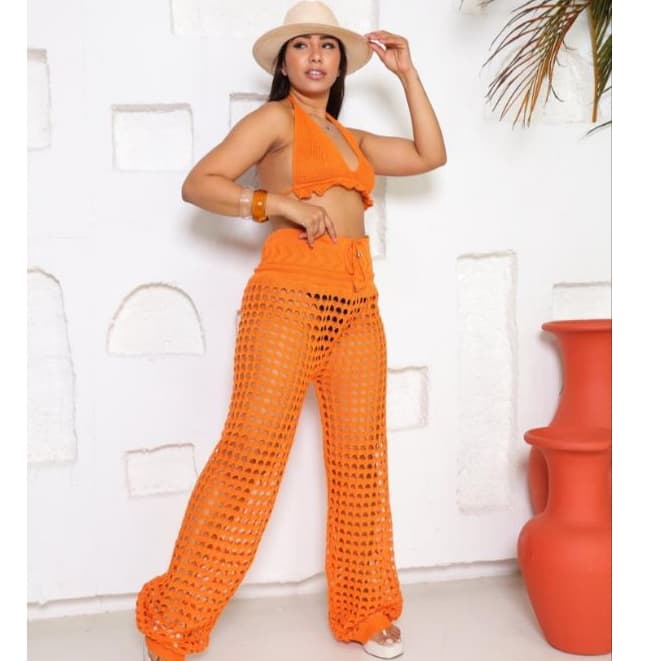 Calça Pantalona Tricõ Saida de Praia Moda Verão Praia