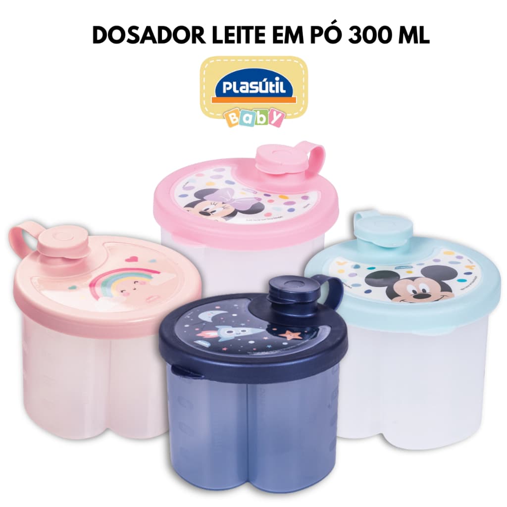 Porta Leite em Pó Dosador Pote 300ml com Tampa 3 Compartimentos Menino e Menina Plasútil