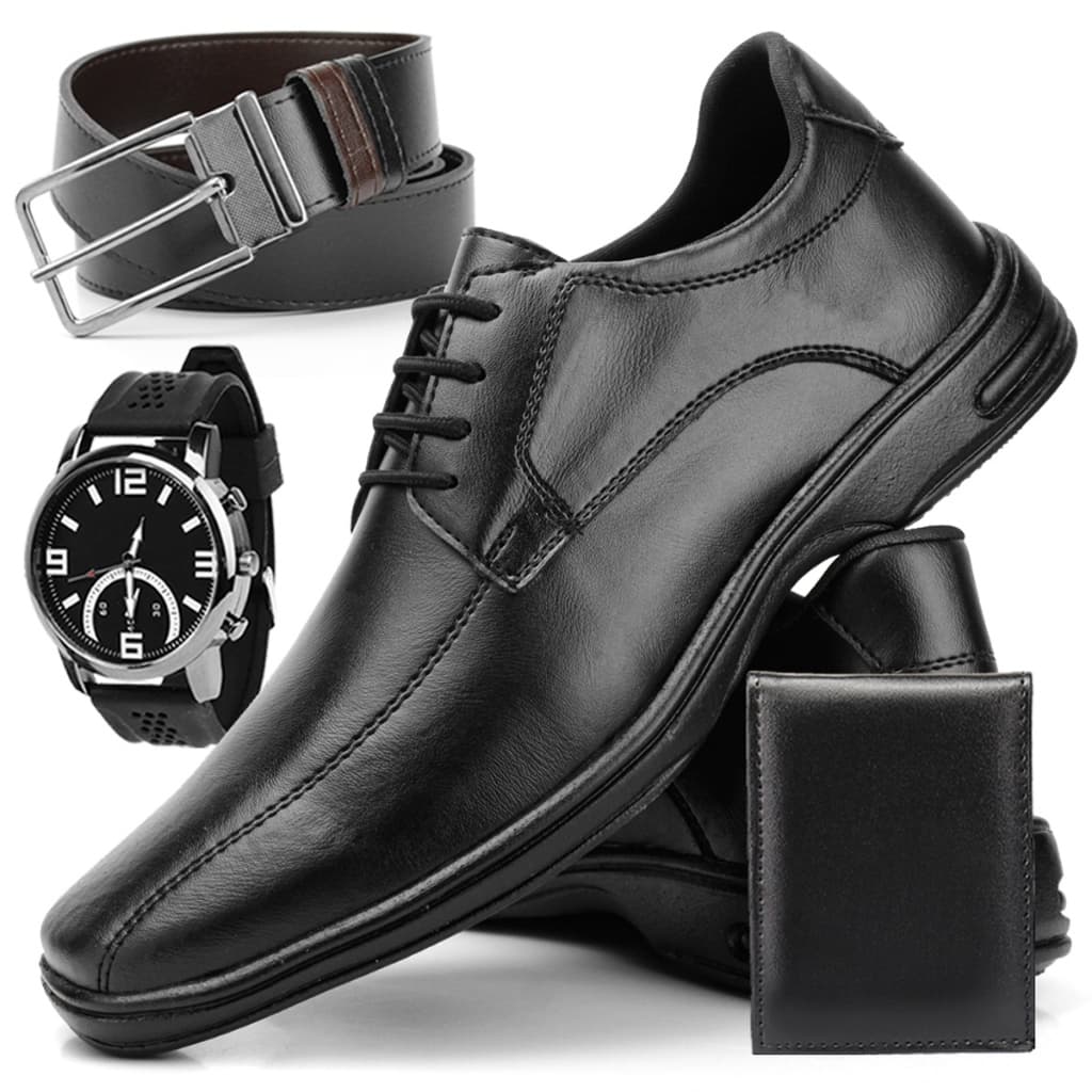 Kit Sapato Social Masculino Confort + Cinto Ajustável + Relógio Ponteiro + Carteira Ideal para Negócios