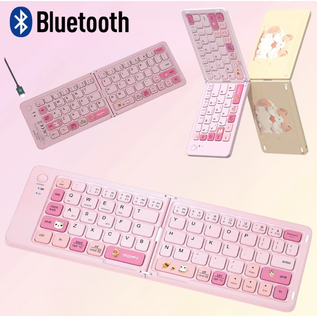 Mini Teclado Bluetooth Sem Fio Dobrável Portátil Recarregável Gatinho Fofo Rosa Notebook Computador