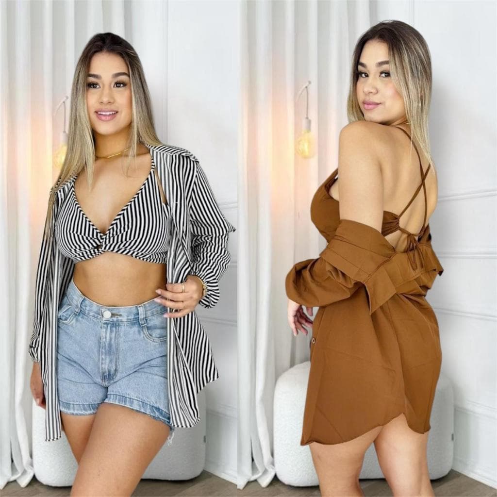 Conjunto Feminino Camisa Com Cropped listrado e liso Tendência Verão
