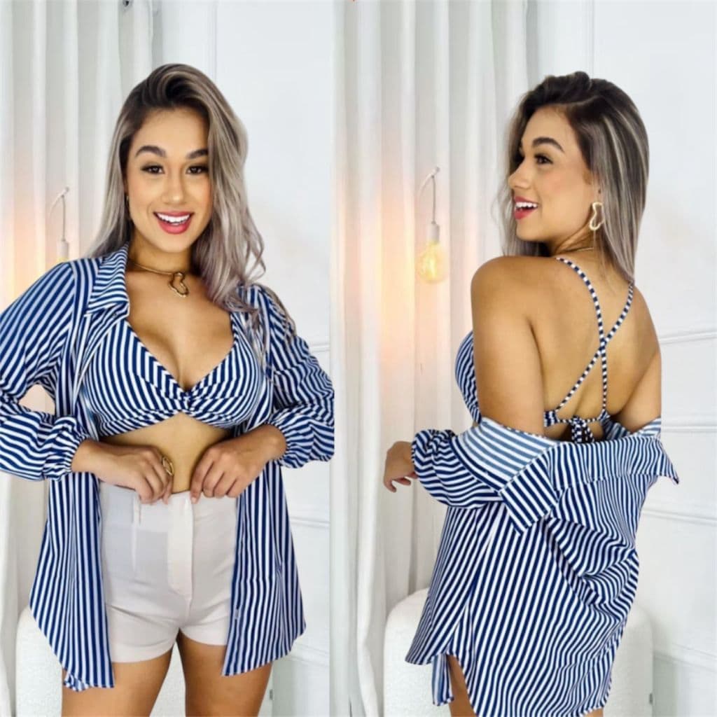 Conjunto Com Camisa Manga Longa Croped com Alça De Amarracao Botoes