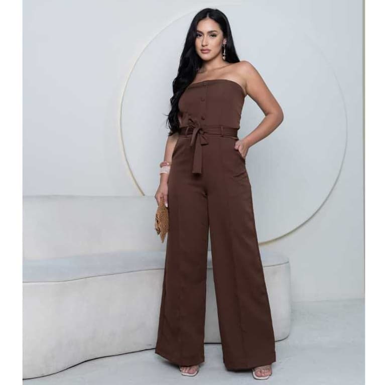 Macacão feminino  Luxo, alfaiataria tomara que caia, Com Bojo, Com Bolso, Cinto, Ziper Nas Costas E botões Forrados