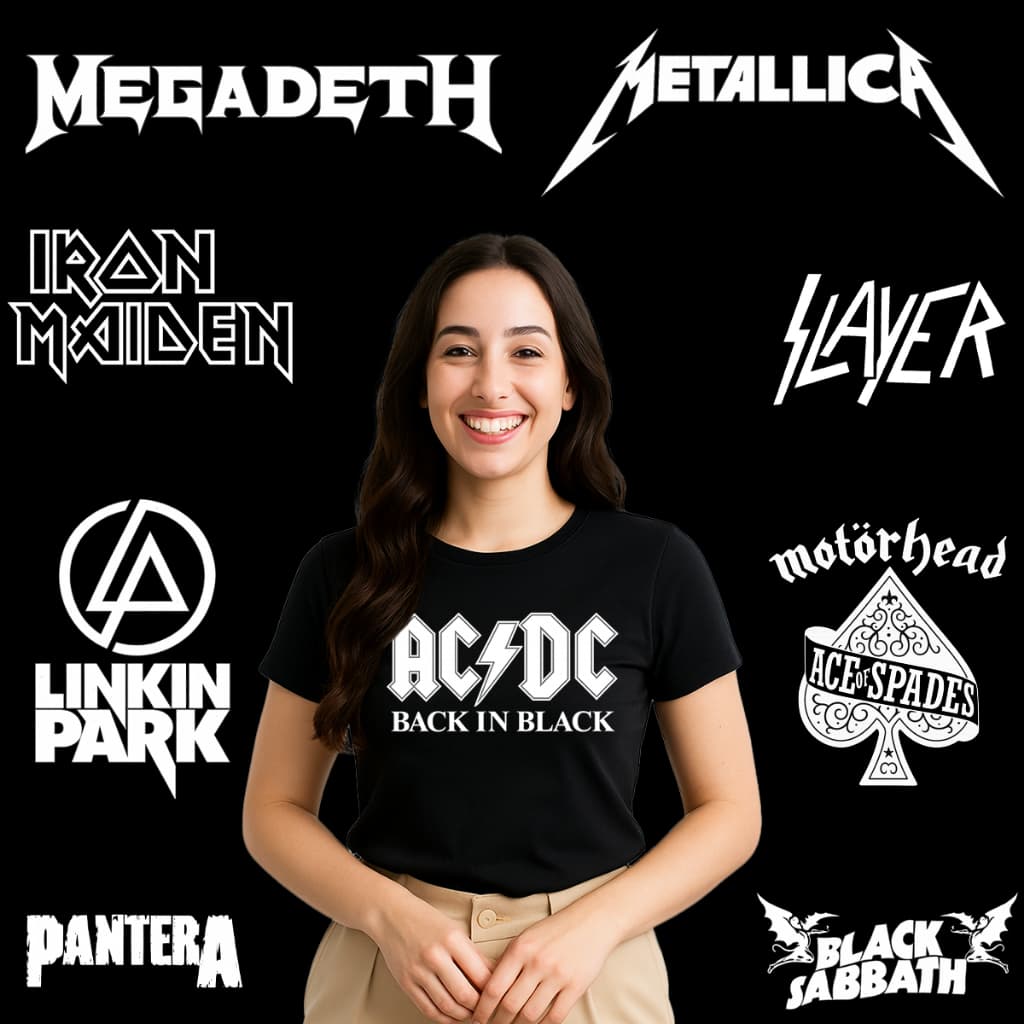 Camiseta Rock Feminina Baby Look Algodão Metallica ACDC Black Sabbath Iron Maiden