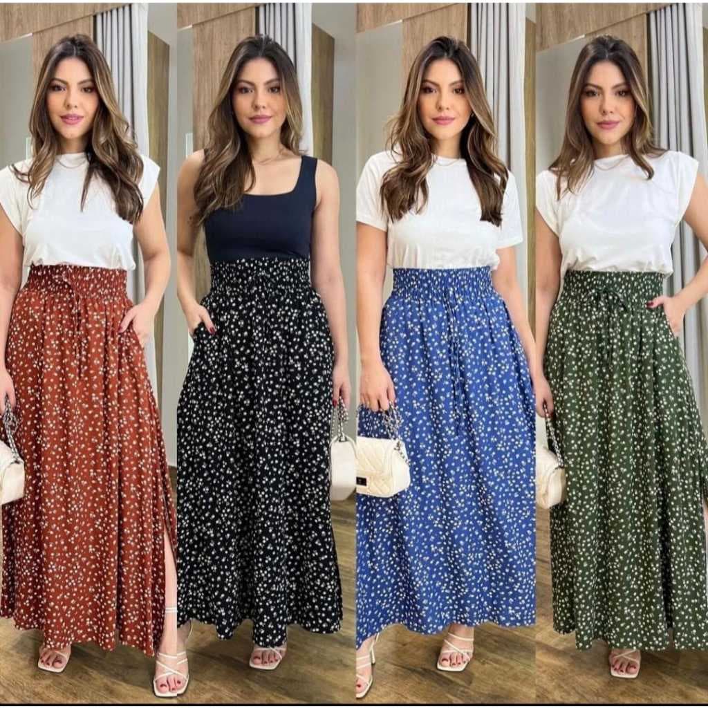 Saia longa tecido viscolinho estampa de florzinha moda evangélica e social