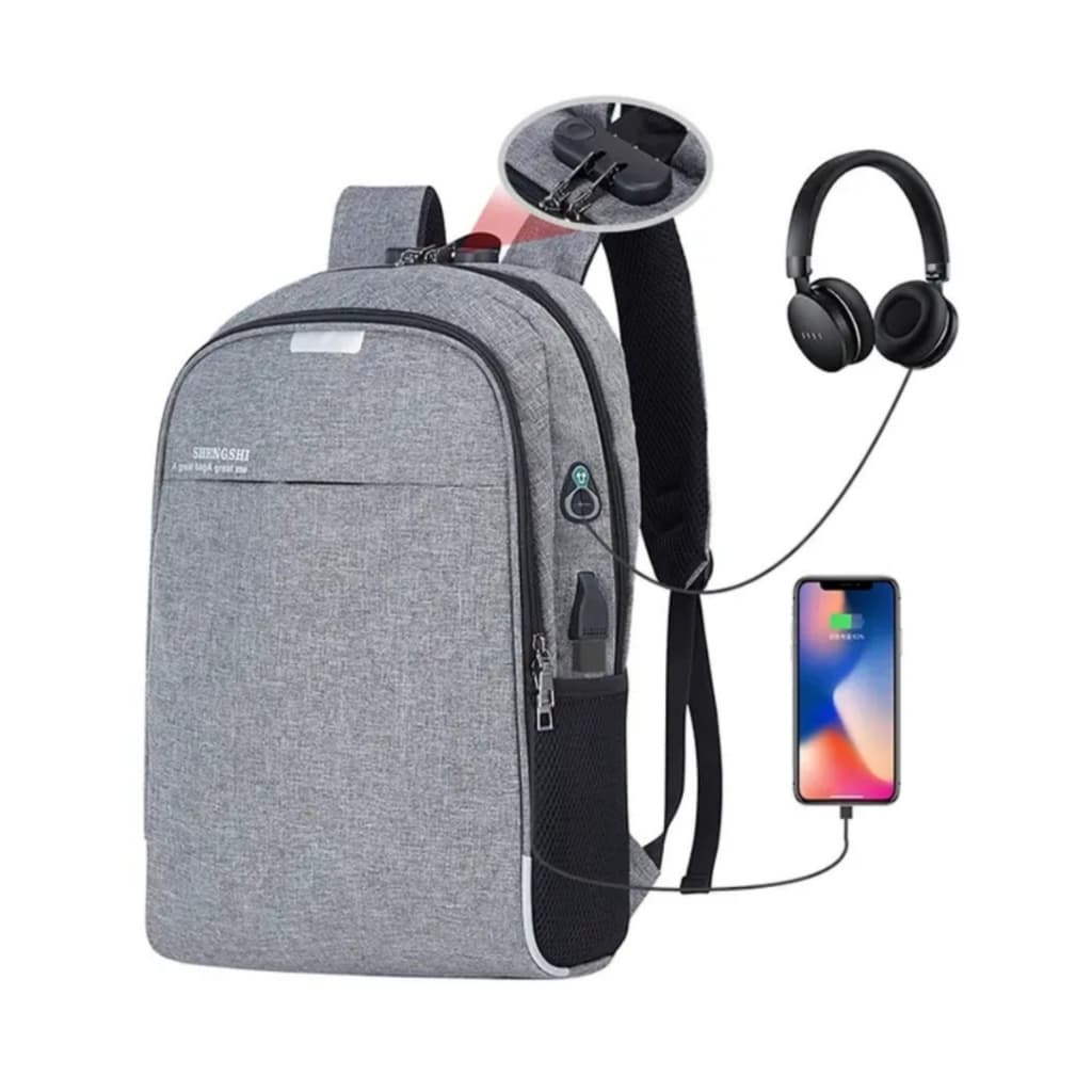 Mochila para Notebook até 15.6” Cinza Anti-Furto Com Senha Saída para Fone de Ouvido e USB