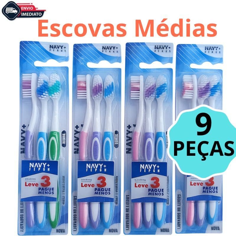 Kit Escovas Dental Média Adulto Com Limpador de Lingua
