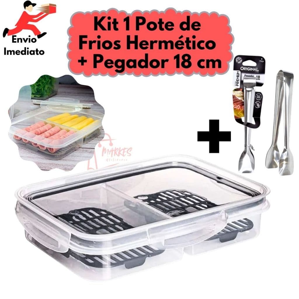 Pote de Frios Hermético 2 Divisórias Com Escorredor Tampa Com Trava + Pegador De Frios 18cm Original