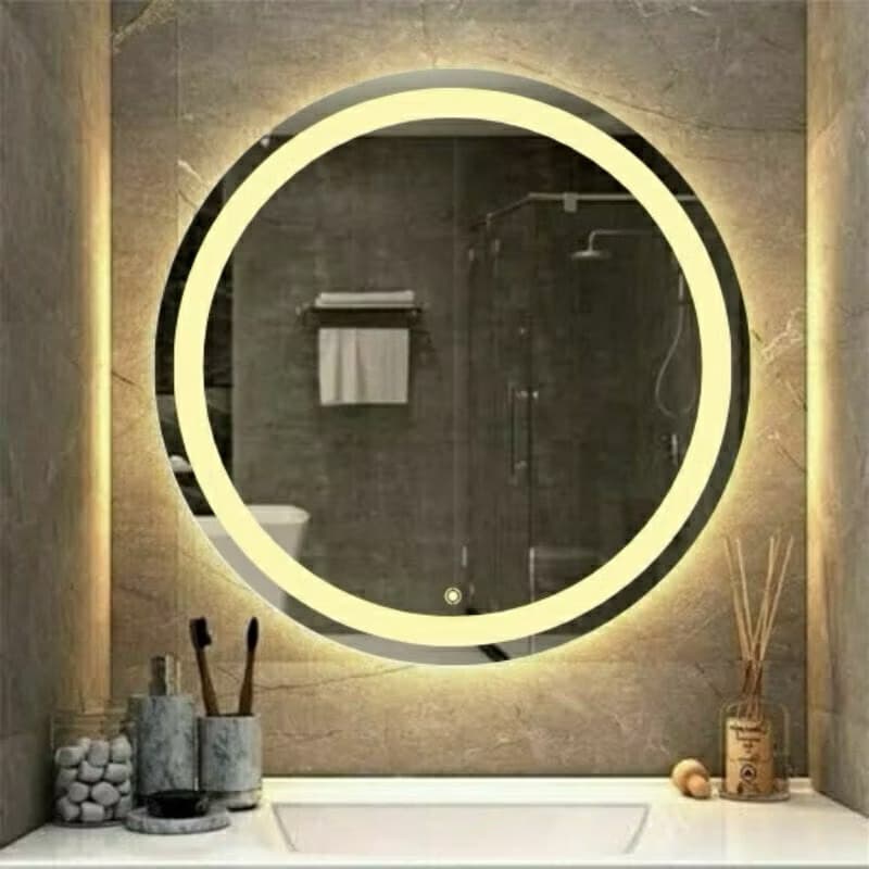 Espelho Grande Jateado com Led e Touch fonte slim REDONDO Decoração de Banheiro Penteadeira Sala Lavabo