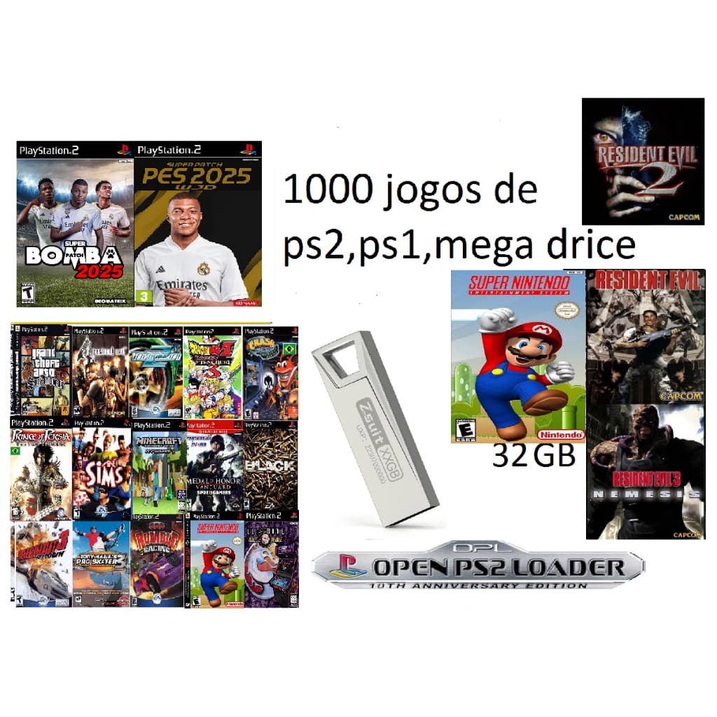 Pen Drive 32gb para OPL Ps2 com 1000 Jogos Ps2 Ps1 Super N.