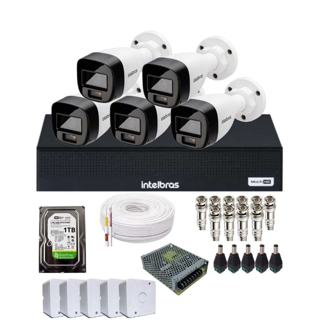 Kit 5 Câmeras Intelbras 1120b Full Color, Dvr 8ch Mhdx 1108c Hd 1tb