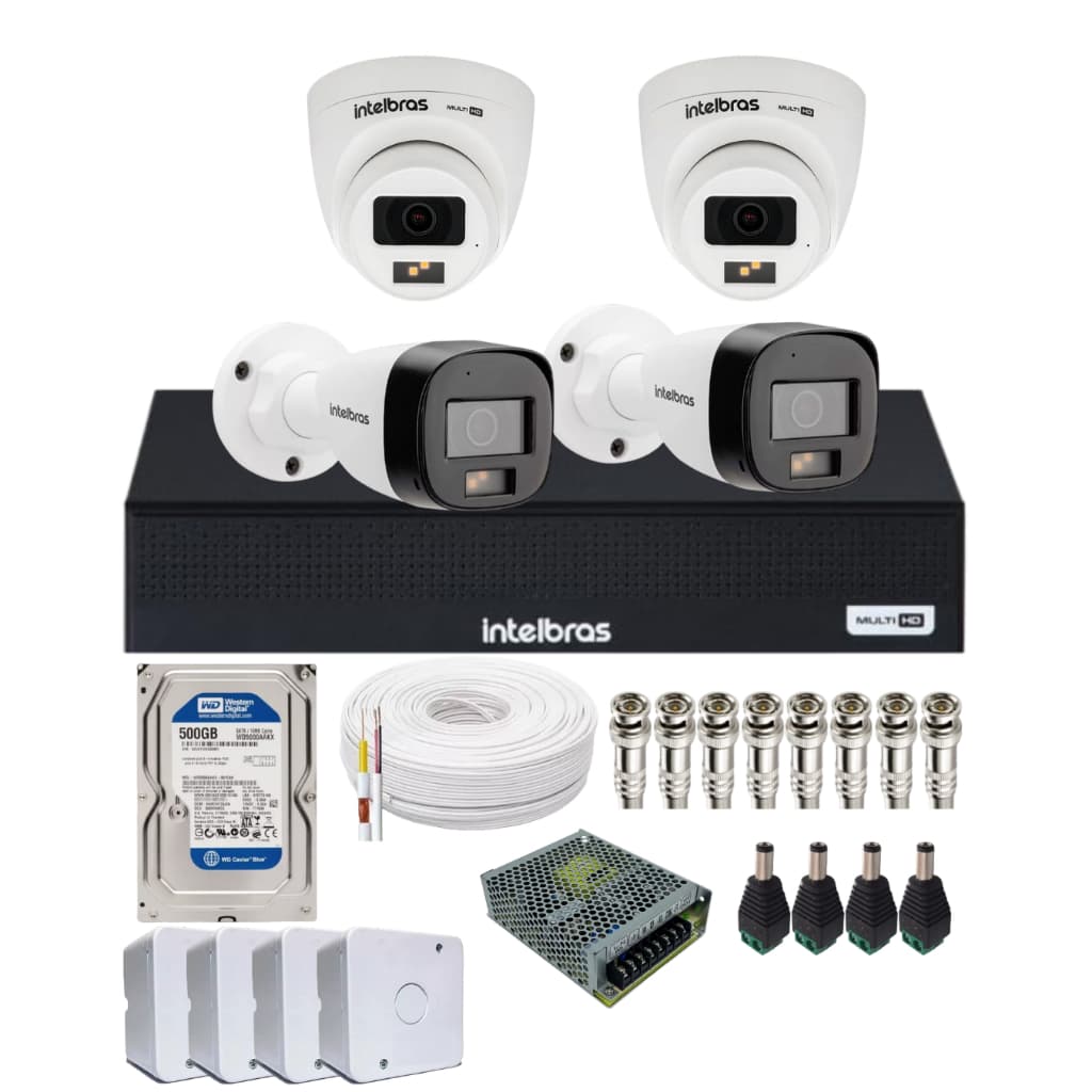 Kit 4 Cameras de Seguranca Intelbras 3220 Full Color C/ Audio, Dvr 4ch C/ Hd 500gb