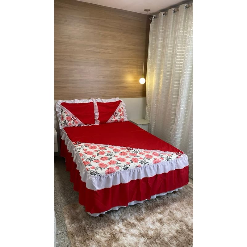 Colcha Estampada Acochoada Com babado Duplo e  Bico  2,40m X 2,60M- Cama Casal