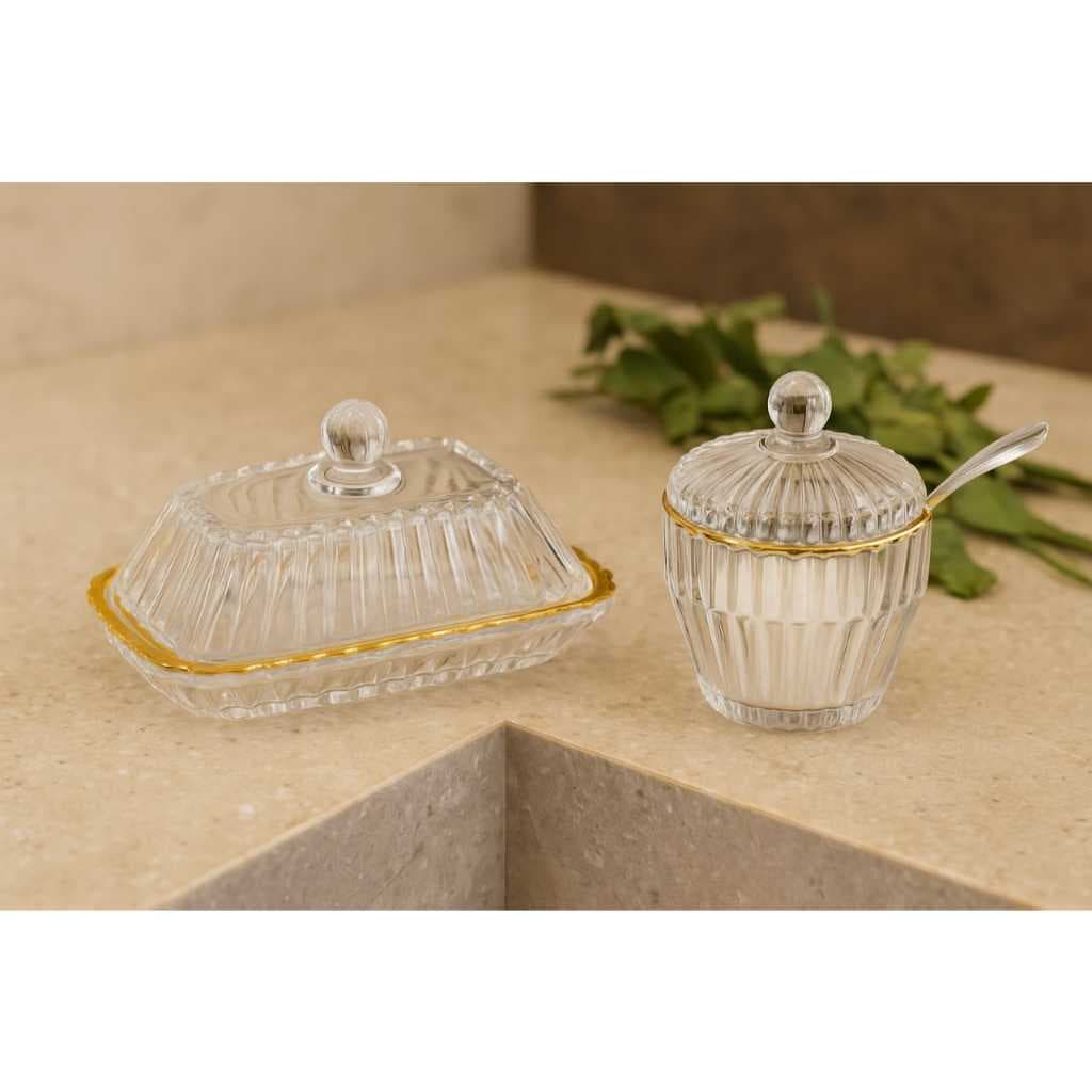 Kit Manteigueira e Açucareiro de Cristal com Fio de Ouro Imperatriz – Mesa Posta - Wolff