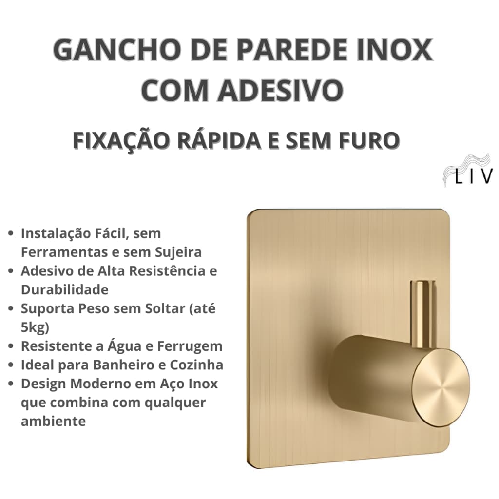 Gancho de Parede Aço Inox Com Adesivo instalação sem Furos - Prata Preto Branco Dourado LIV-On