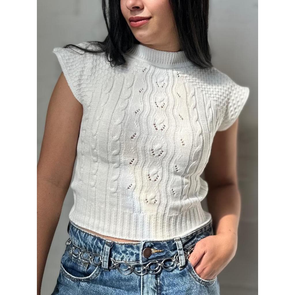 Blusa Feminina Estilosa Cropped Tricot Modal Texturizado Gola Alta AURORA Sem Manga Tamanho 36-42