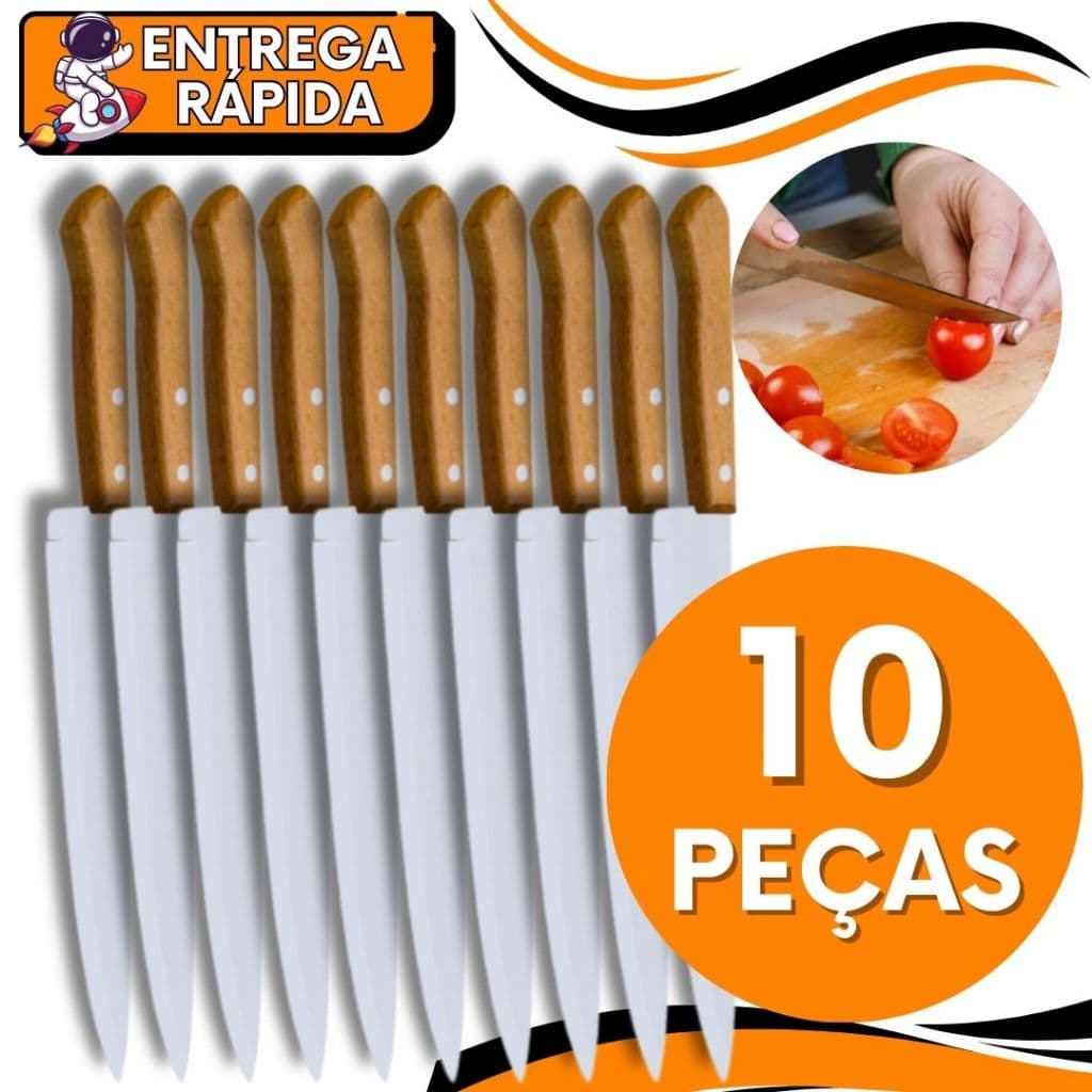 KIT JOGO 10 Faca 7" De Cozinha Inox Profissional do Chef 30cm Cabo Madeira | Para Cozinha Gourmet Carne Churrasco Corte