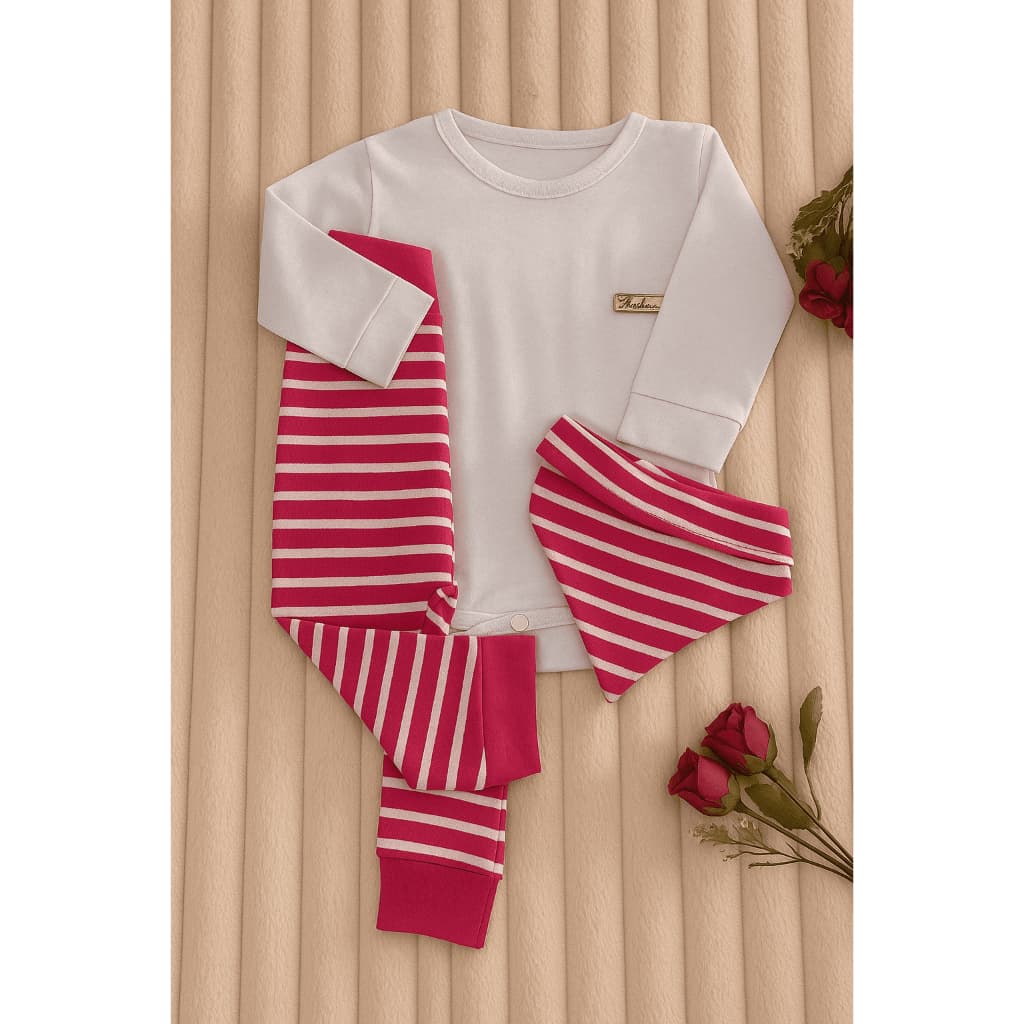 Conjunto Body Manga longa Com Calça Listrada e Babador Recém-nascido  Estilo E Conforto