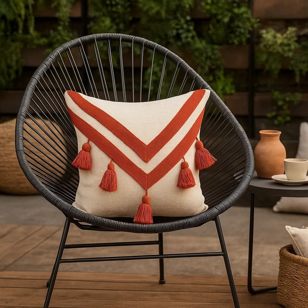 Capa de Almofada Artesanal 45x45cm – Bohochic com Pompons, Fitas e Tranças em Algodão