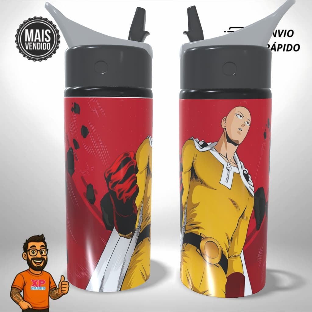 Garrafa Squeeze Alumínio Anime One Punch Man Saitama - Infantil Escolar