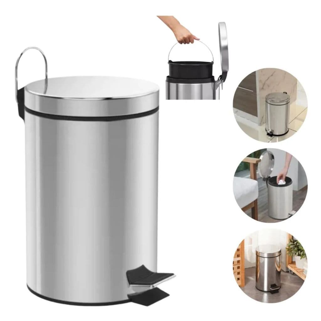 Lixeira Aço Inox Redonda Com Tampa Pedal Balde Cesto Alça Banheiro Cozinha Lavabo Escritório Moderna