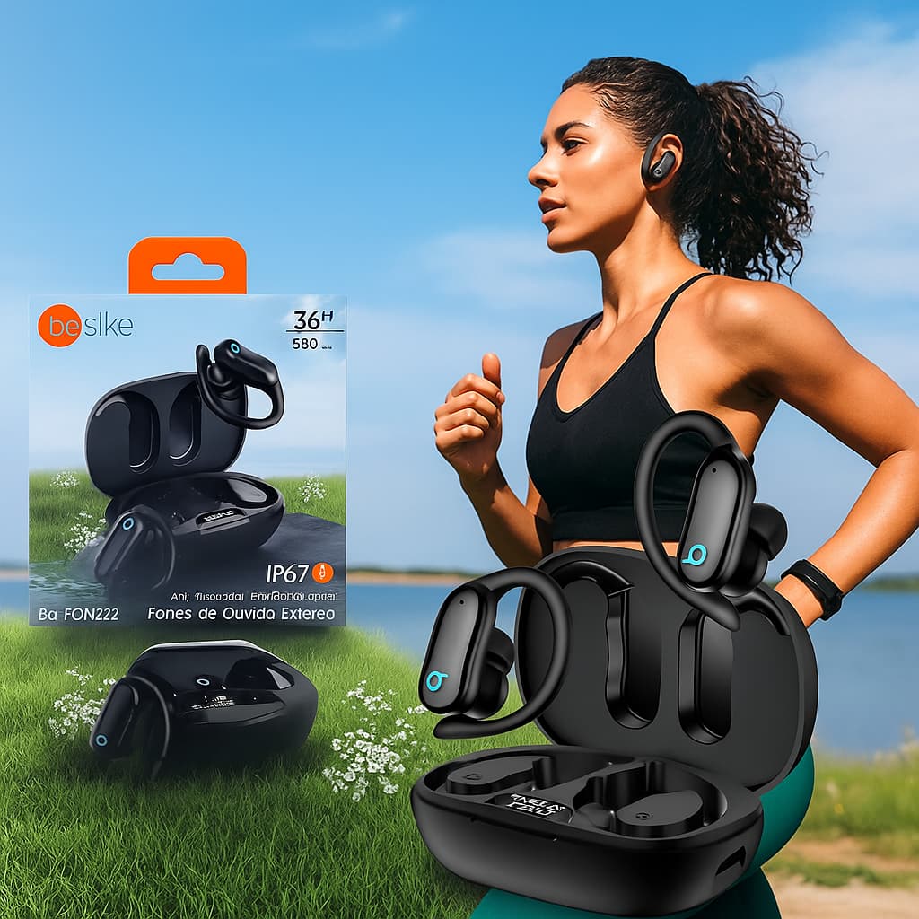 Fone De Ouvido Com Microfone Esportivo Sem Fio Com Power Bank Sistema Anti-Ruído Resitente a Água Bateria 36h De Duração