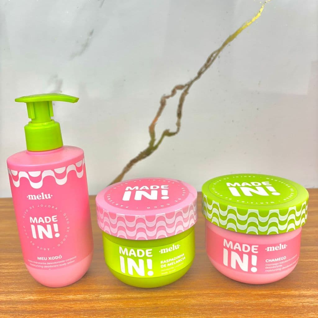 Kit Made In Melu – Manteiga Hidratante Chamego + Esfoliante Raspadinha de Melancia + Loção Hidratante Meu Xodo Xodó