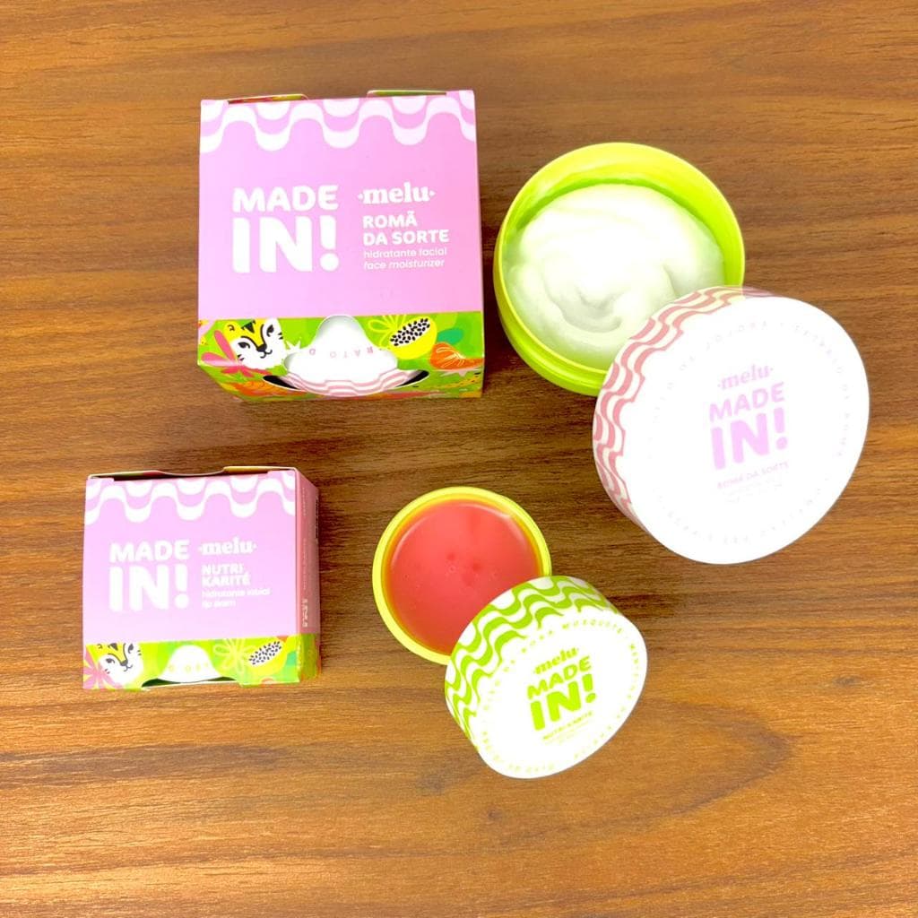 Kit Cuidados Faciais Melu Made In – Hidratante Labial + Hidratante Facial com Ácido Hialurônico e Vitaminas