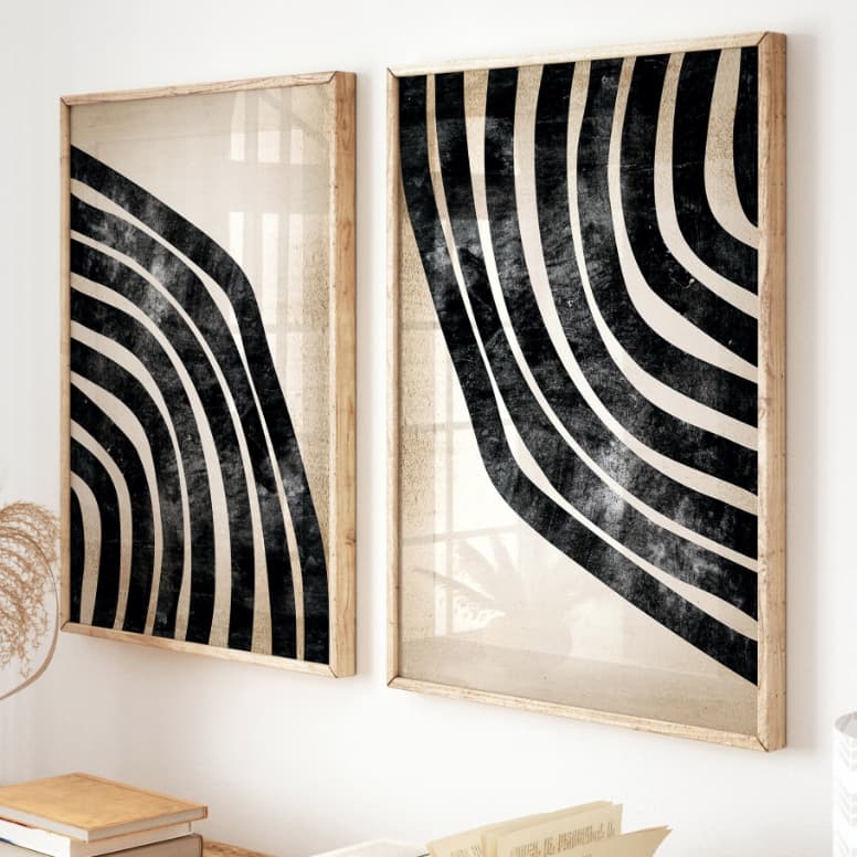 Quadros Decorativos com Moldura Sala Quarto Kit Duo Minimalista Moderno Abstrato Linhas Vidro