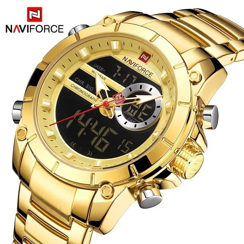 NAVIFORCE 9163 Relógio de pulso esportivo original masculino, quartzo, aço, impermeável, display duplo, luxo