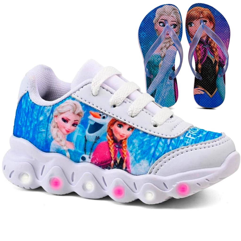 Kit Tênis Infantil Menina Frozen Com Led + Chinelo Infantil