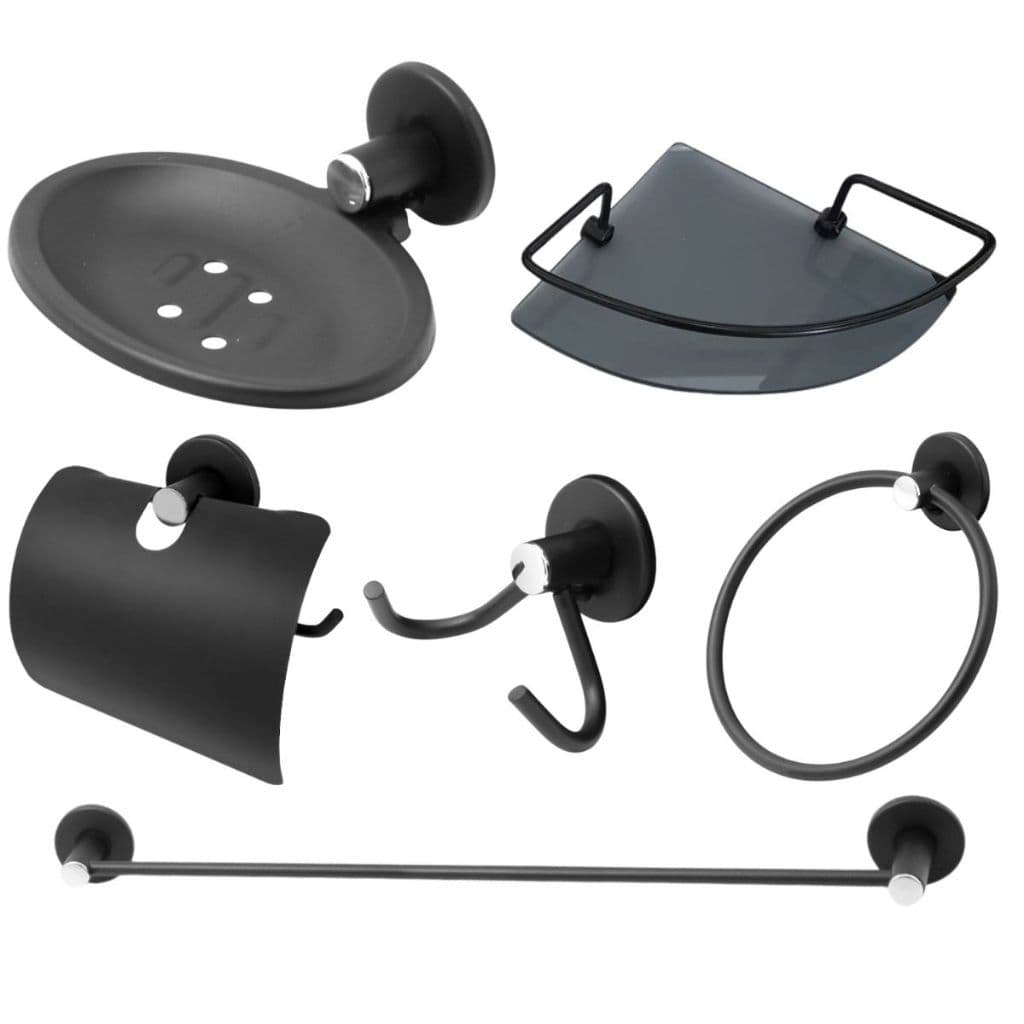 Kit Acessórios Para Banheiro 5 Peças Preto Fosco + Porta Shampoo Canto Vidro Fumê 6 mm