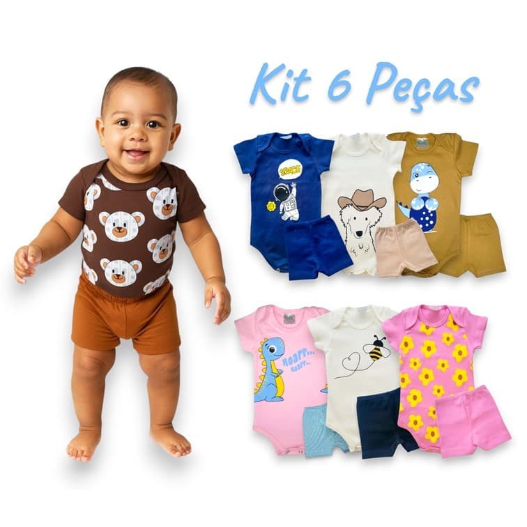 Kit 6 Peças de Roupas para Bebê Menino e Menina (3 Body Curto + 3 Bermudinhas) Roupa Infantil Bebê