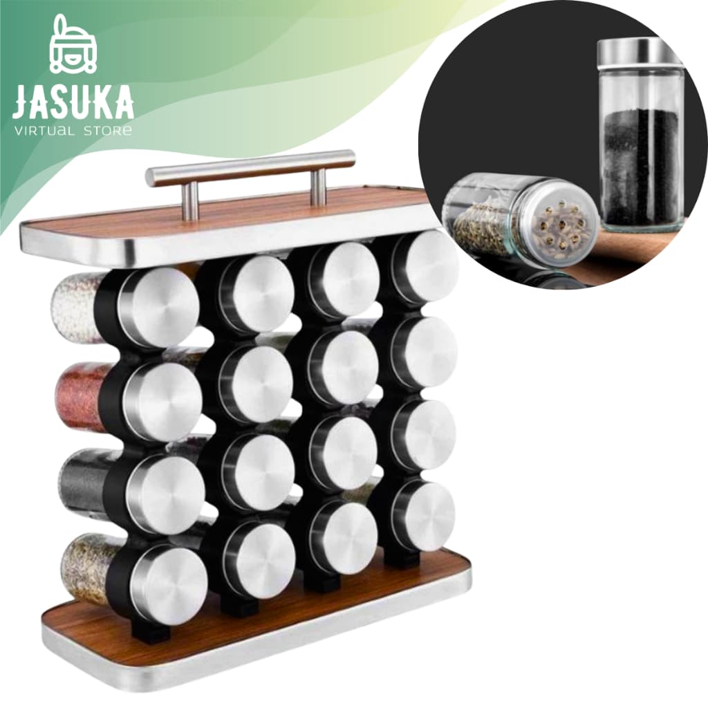 Porta Tempero Conjunto 16 Potes de Vidro Suporte em Inox e Base em Madeira 80ml
