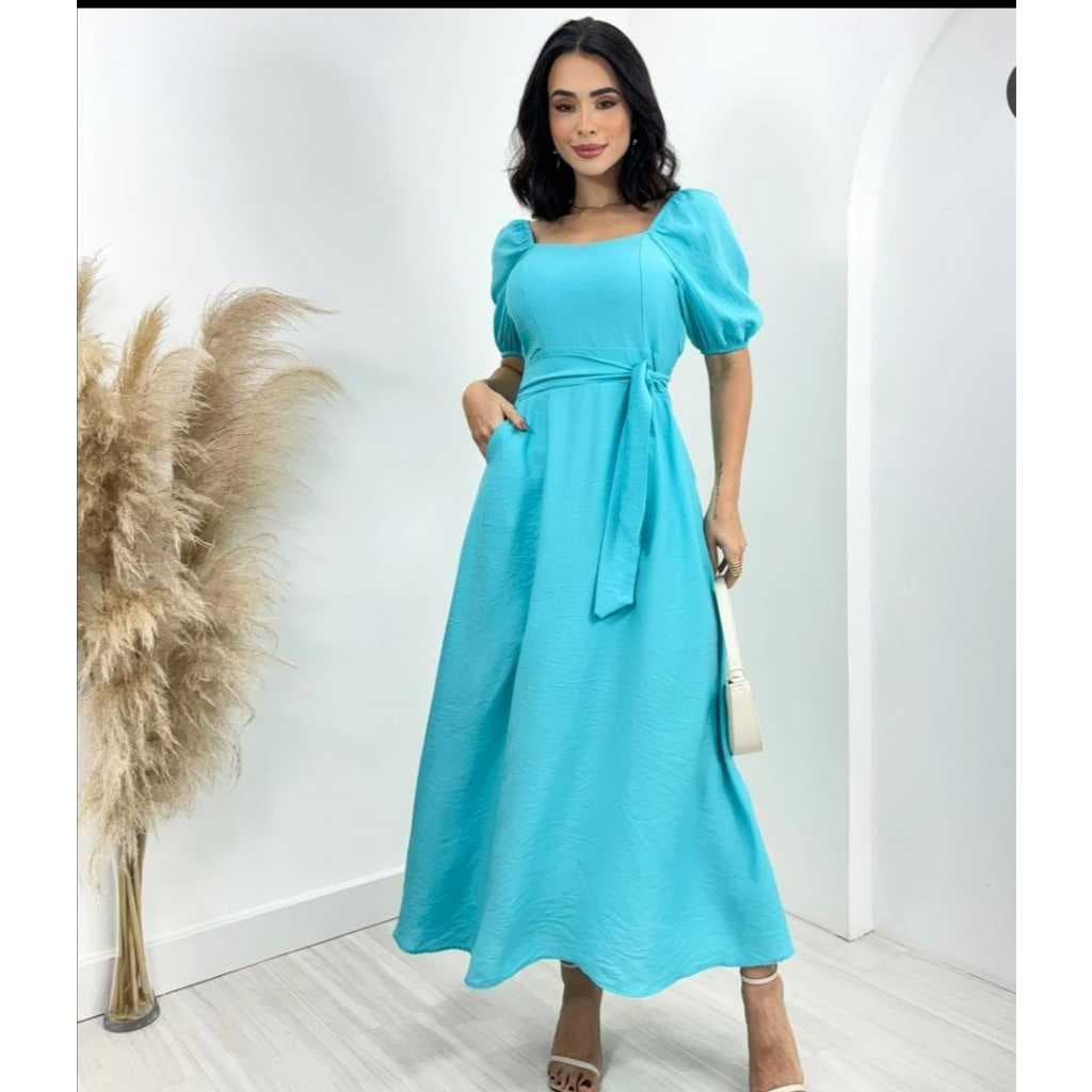 Vestido Feminino Midi Com Manga Curta Bufante Soltinho Forrado Elegante Moda Social Festa Luxo Longo Verão