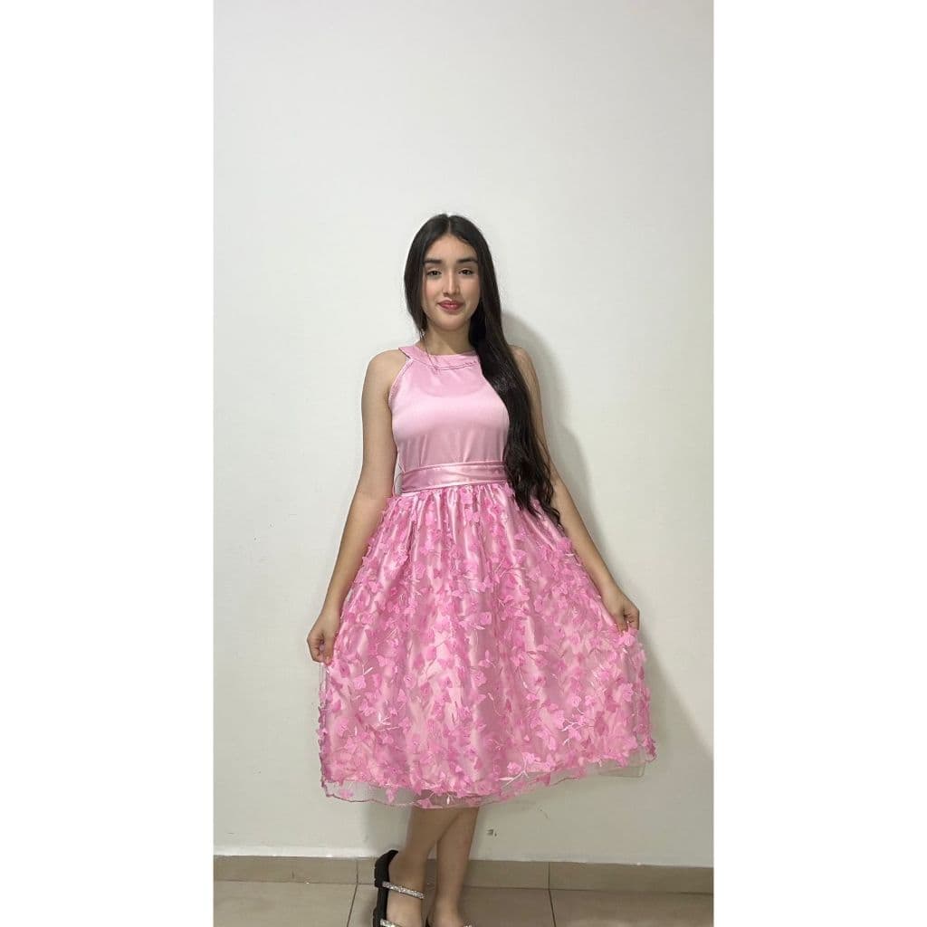 Vestido Midi Elegante infantil juvenil tule com flores e borboletas