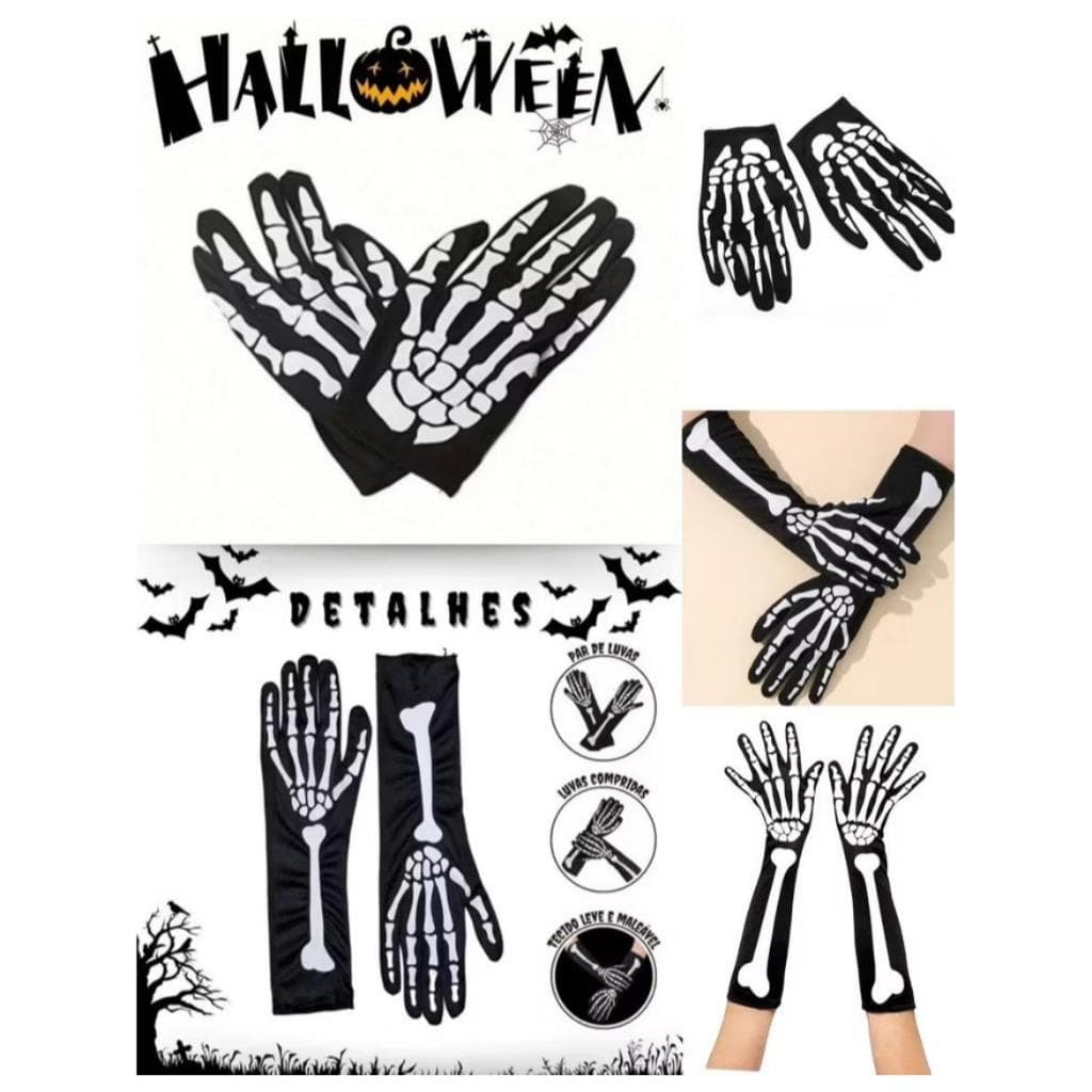 Luva Esqueleto Caveira Florescente Skull Esqueleto Raio X Para Halloween Cosplay