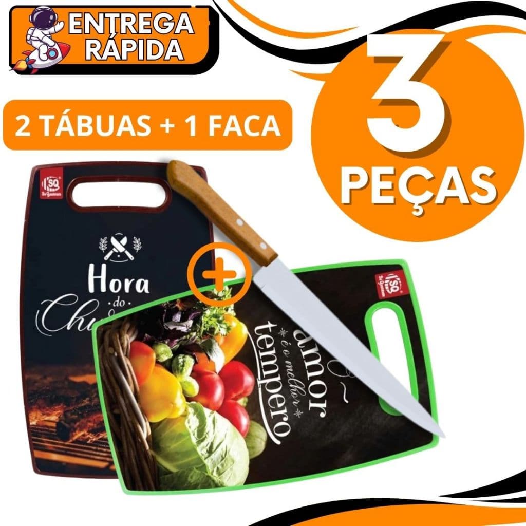KIT JOGO 3 /(2)Tabua Alimentos+ (1)Faca Corte Carne Legumes Vegetais Pão Churrasco Cozinha Profissional MDF PlasticoChef