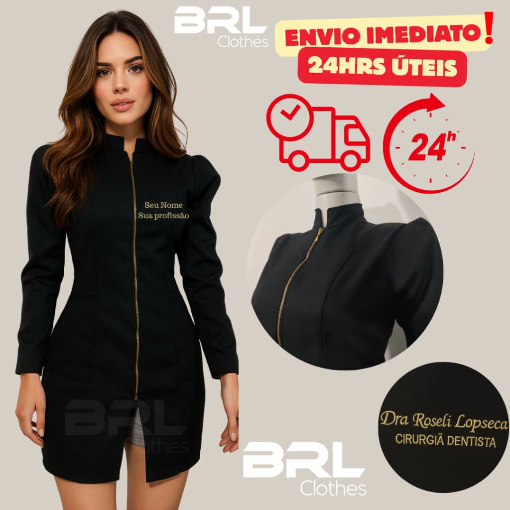 Jaleco Feminino Preto Manga Bufante Princesa Zíper Dourado com Strass– BORDADO Nome e Profissão Inclusos SOMENTE ESCRITA