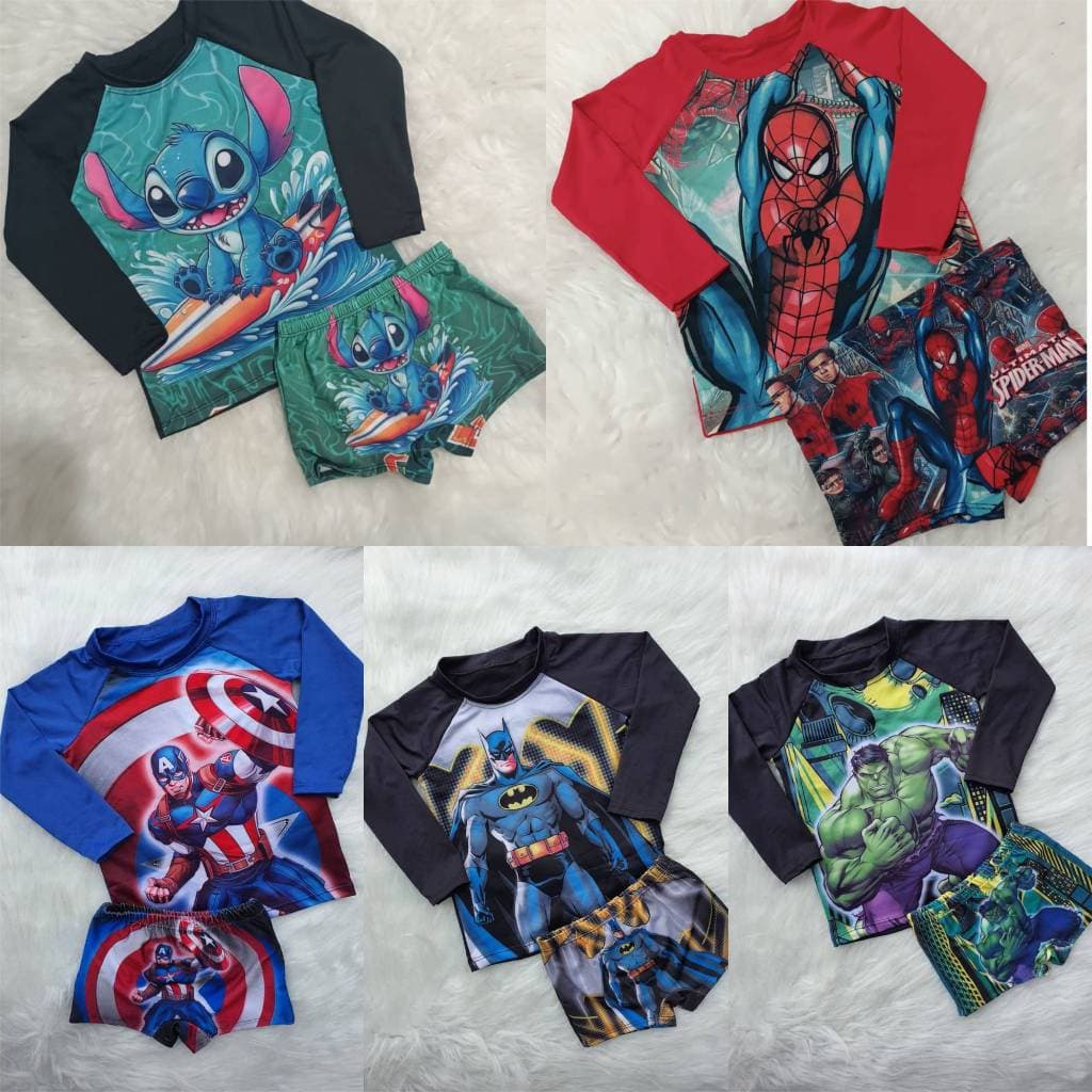 Blusa e sunga box UV conjunto de menino nos tamanhos 2, 4, 6, 8 kit de personagem