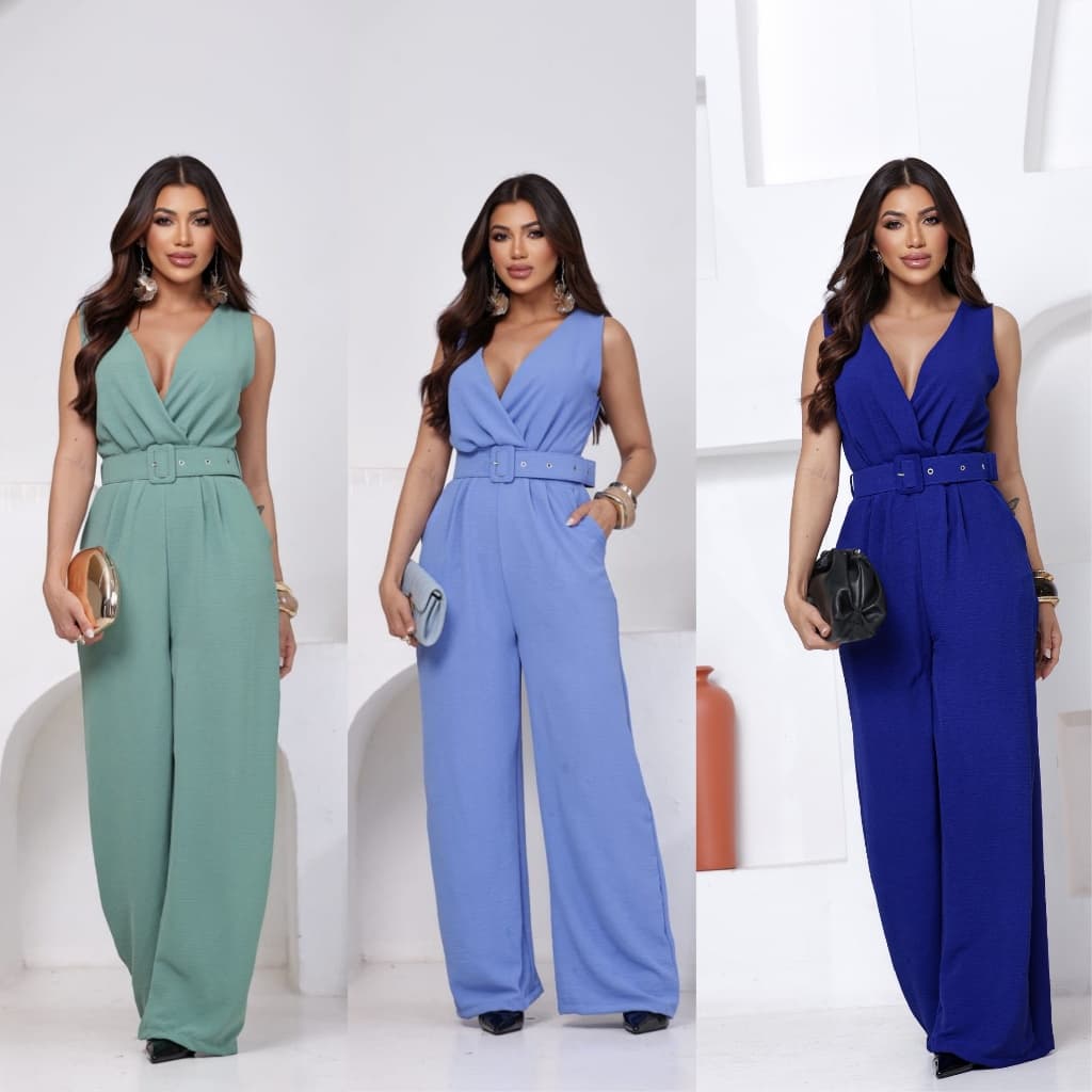 Macacão longo  feminino  pantalona  regata elegante com cinto e zíper  invisível na costa