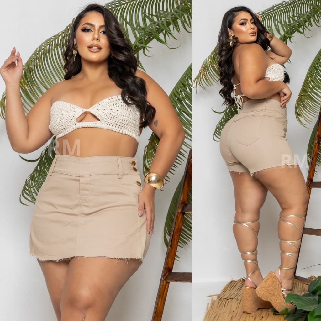 Short Saia Jeans Feminino Plus Size Com Lycra Mode Feminina