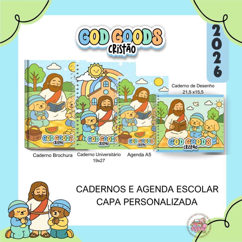 Caderno, Agenda ou Livro de Colorir GOD GOODS CRISTÃO Capas Personalizadas | Volta às Aulas