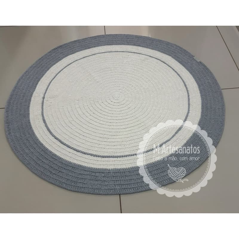 Tapete redondo de crochê infantil quarto de bebê off white e cinza