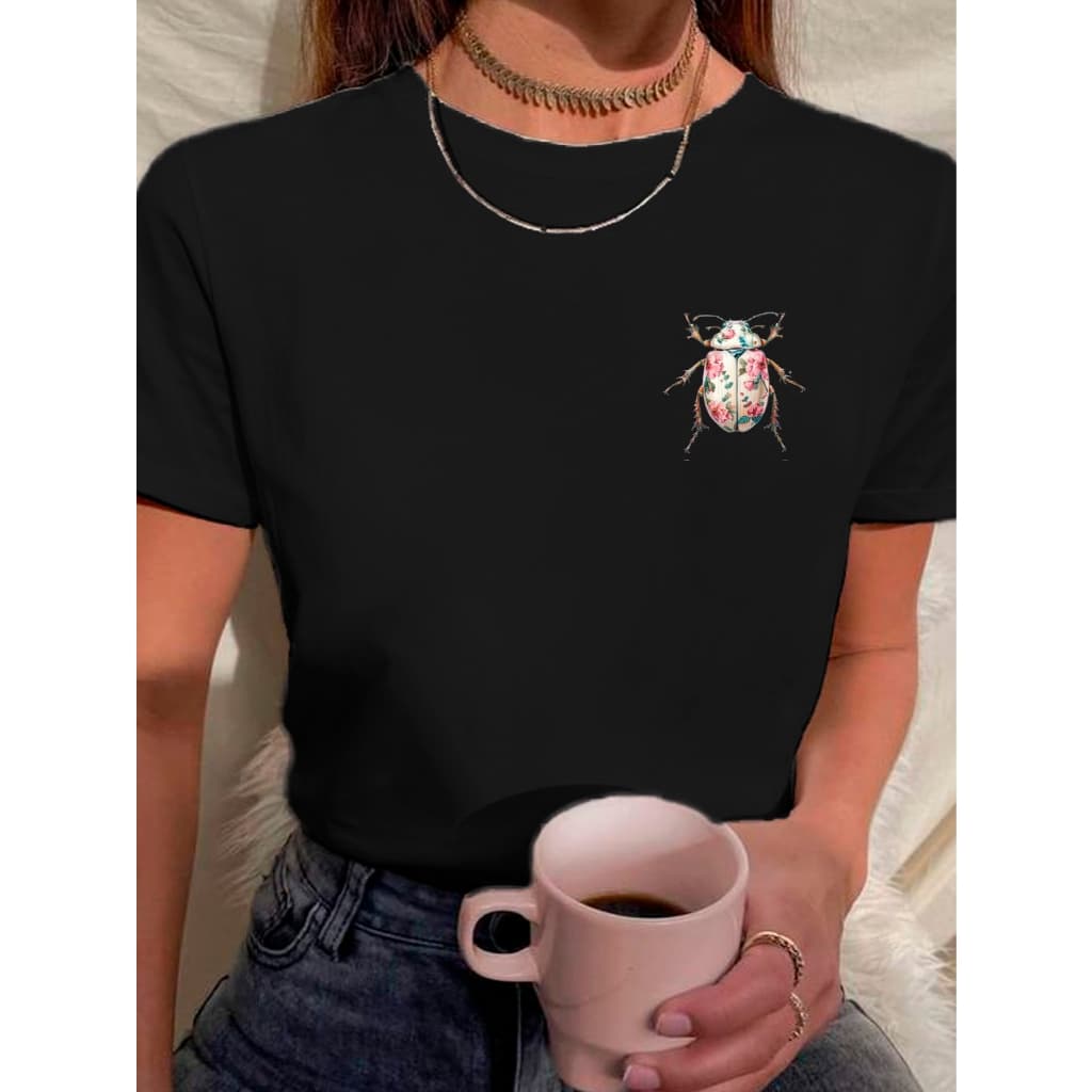 Camiseta Babylook Feminina Estampada Besouro Inseto Minimalista