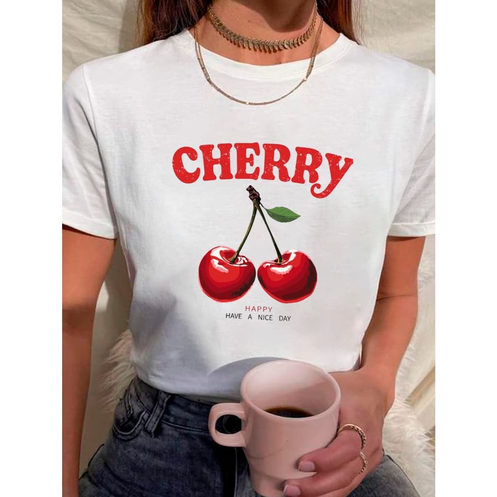Camiseta Babylook Feminina Estampada 100% Algodão Cherry Cereja Frutas Moda Tendencia